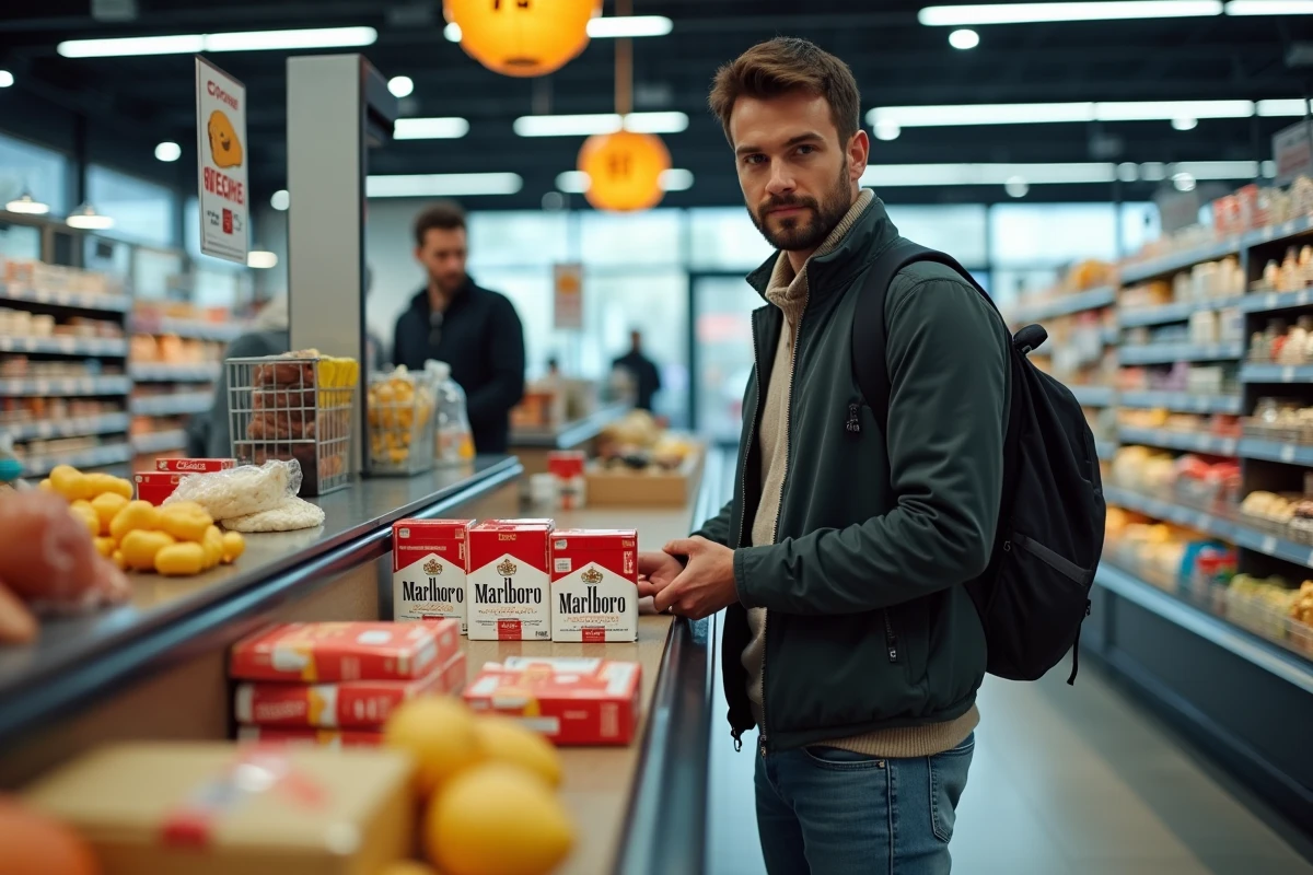 Voyageur achetant des cartouches de cigarettes Marlboro dans un supermarché allemand pour rentabiliser son déplacement