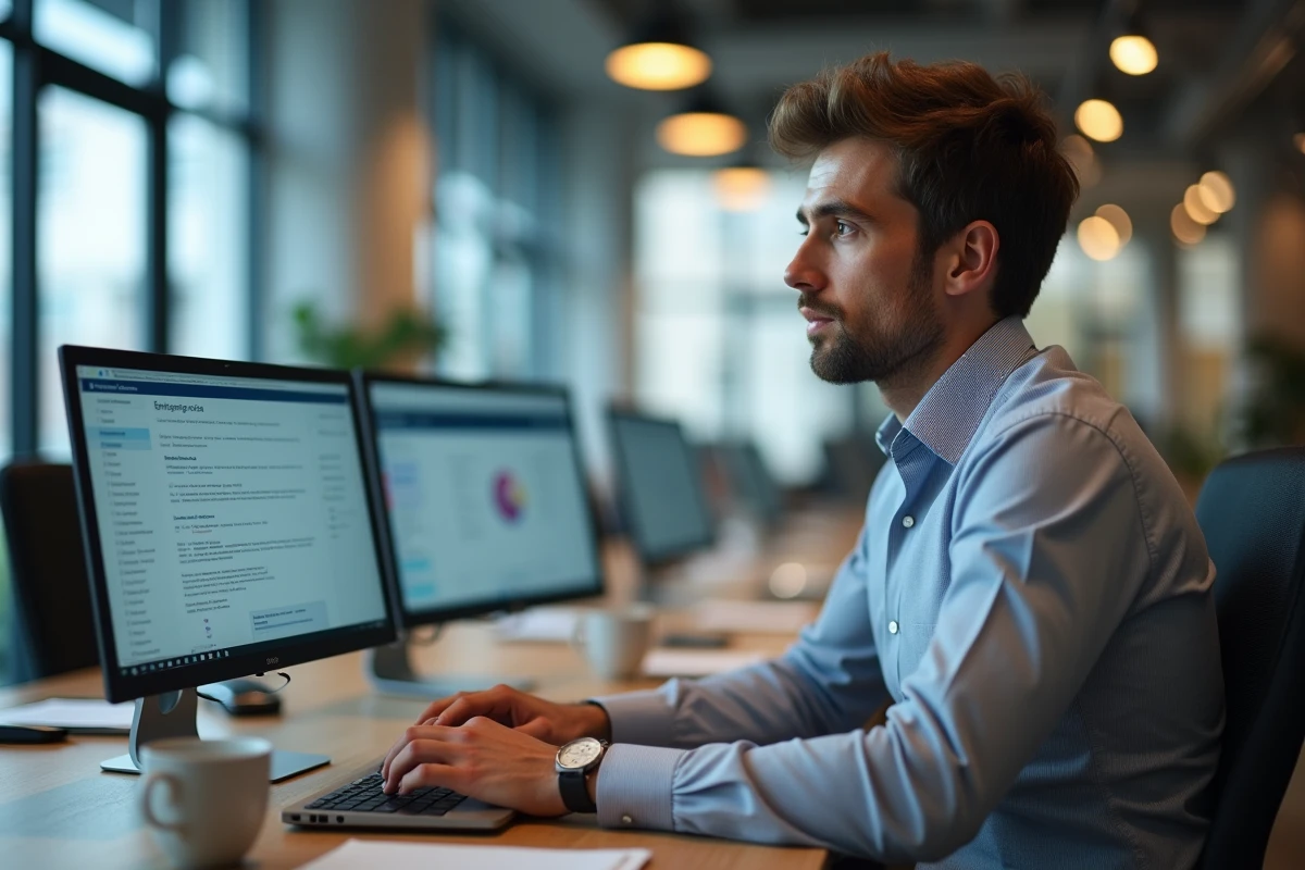 Administrateur médical comparant deux interfaces logicielles Medisys sur des ordinateurs portables dans un bureau de santé moderne