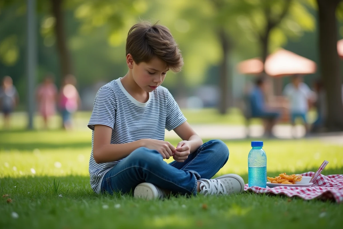 Adolescent assis dans un parc examinant une rougeur sur le bras