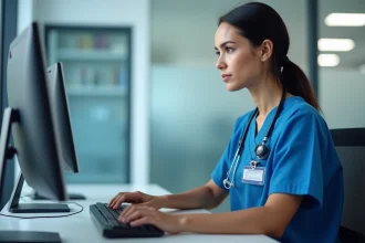 Professionnelle de santé en blouse médicale se connectant à son espace agent CHU sur un ordinateur de bureau dans un bureau administratif d'hôpital