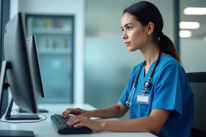 Professionnelle de santé en blouse médicale se connectant à son espace agent CHU sur un ordinateur de bureau dans un bureau administratif d'hôpital