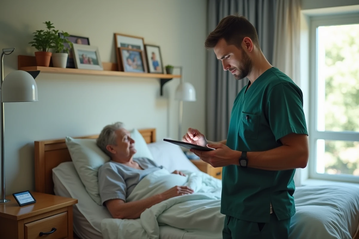 Aide-soignant en chambre EHPAD saisissant des données de soin sur une tablette numérique