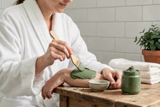 Femme appliquant un emplâtre d'argile verte sur son avant-bras dans une salle de bain minimaliste avec des accessoires en céramique et bois naturel