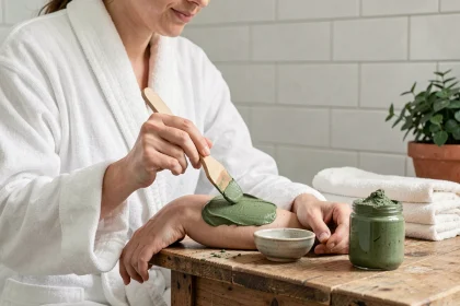 Femme appliquant un emplâtre d'argile verte sur son avant-bras dans une salle de bain minimaliste avec des accessoires en céramique et bois naturel