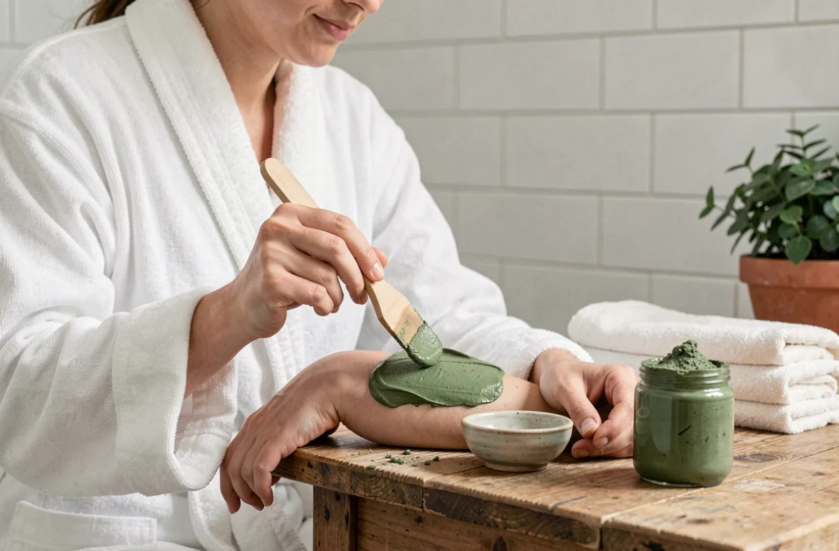 Femme appliquant un emplâtre d'argile verte sur son avant-bras dans une salle de bain minimaliste avec des accessoires en céramique et bois naturel