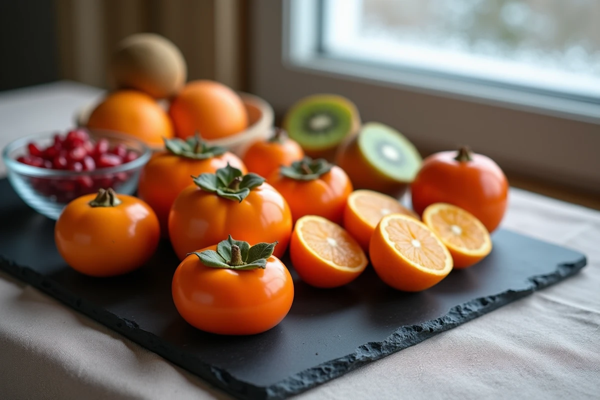 Assortiment de kakis et fruits d'hiver riches en vitamines sur une ardoise, bienfaits immunitaires en hiver