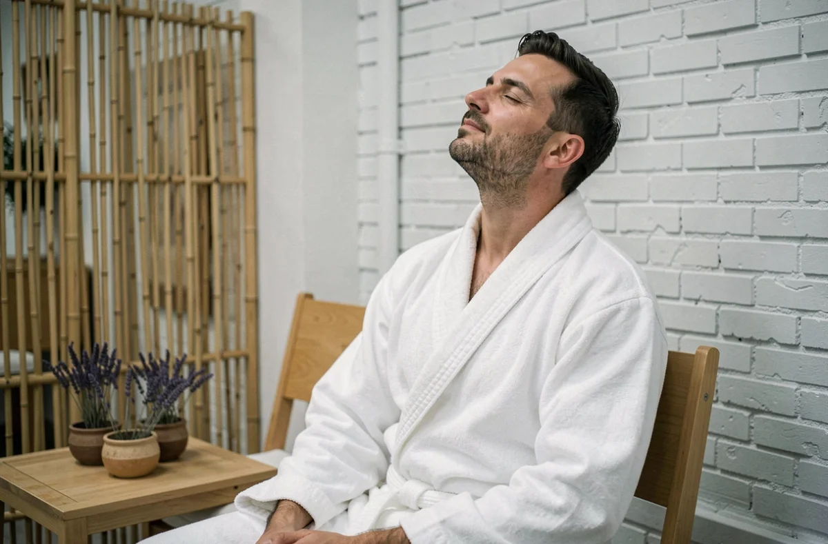 Homme en robe de détente dans la salle d'attente d'un centre de massage bien-être économique à Toulouse