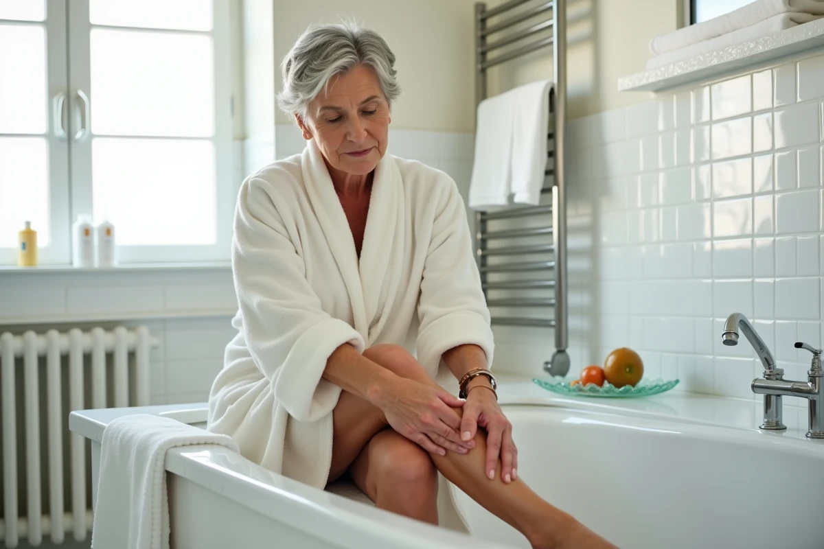 Femme âgée effectuant un auto-massage du mollet dans la salle de bain pour soulager une contracture musculaire