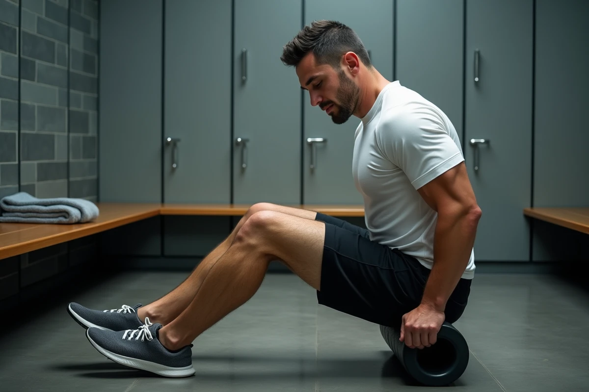 Homme utilisant un foam roller pour masser son mollet contracturé en salle de sport après l'entraînement