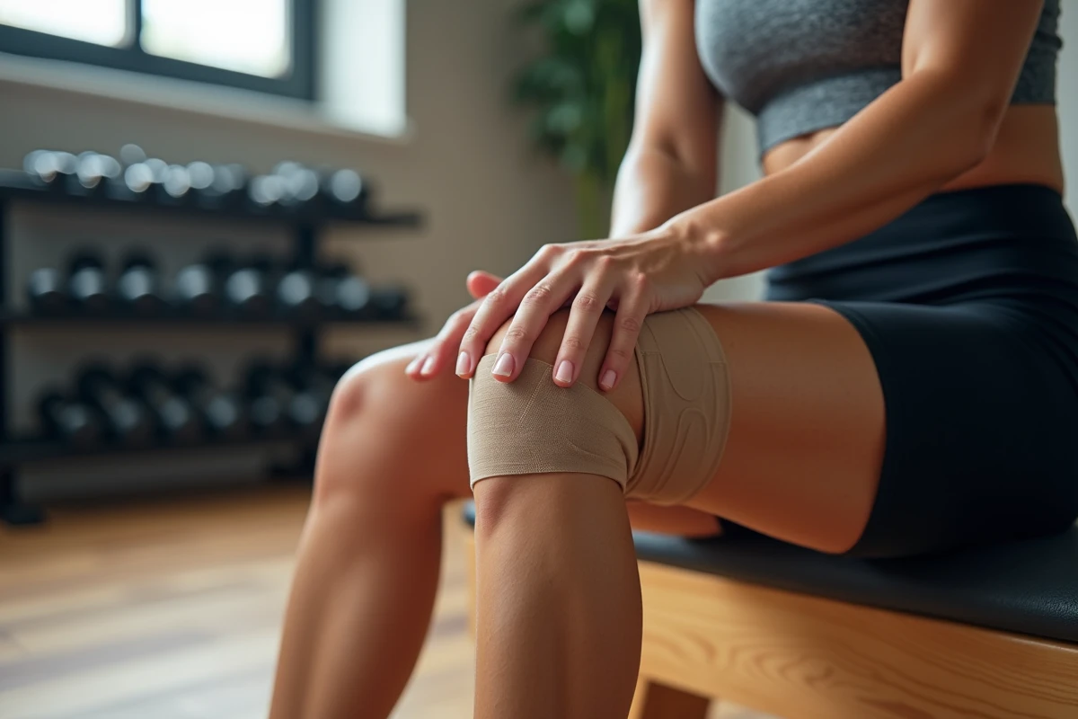 Sportive appliquant elle-même un strap élastique sur la patte d'oie de son genou avant l'entraînement