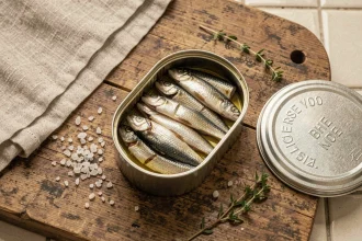 Boîte de sardines ouverte à l'huile d'olive sur un comptoir en bois rustique, entourée de sel et de thym frais