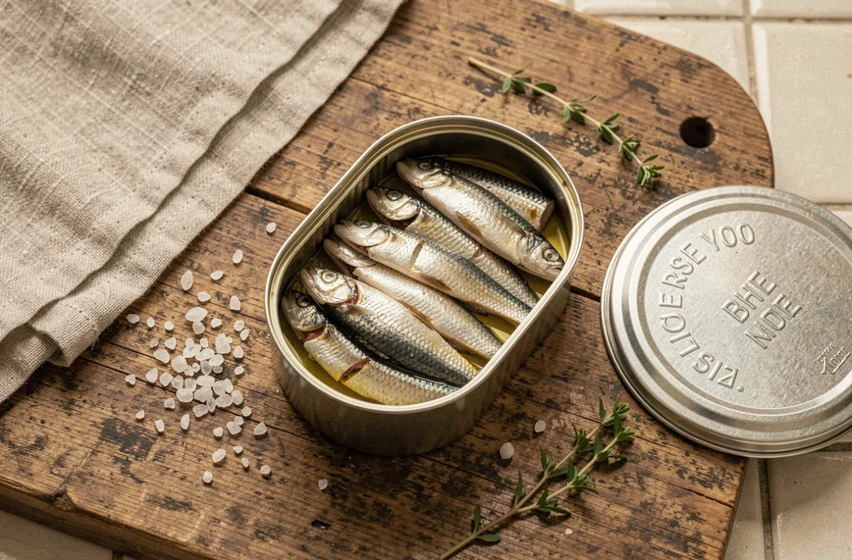 Boîte de sardines ouverte à l'huile d'olive sur un comptoir en bois rustique, entourée de sel et de thym frais