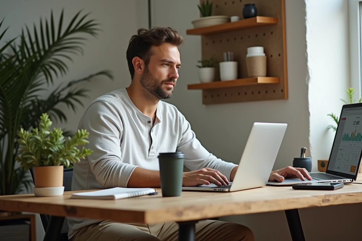 Homme travaillant depuis un bureau éco-responsable à domicile avec des accessoires durables et une plante verte, symbolisant l'efficacité et le confort d'un quotidien respectueux de l'environnement