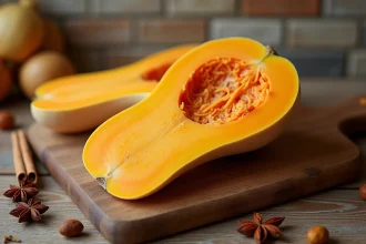 Courge butternut coupée en deux sur une planche en bois rustique avec épices d'automne, idéale pour illustrer les valeurs nutritionnelles de la butternut