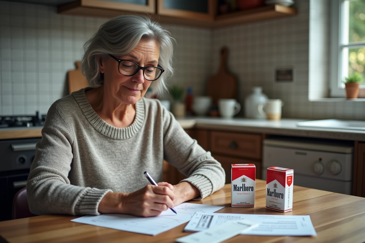 Femme calculant la rentabilité d'un voyage en Allemagne pour acheter des cigarettes Marlboro moins chères