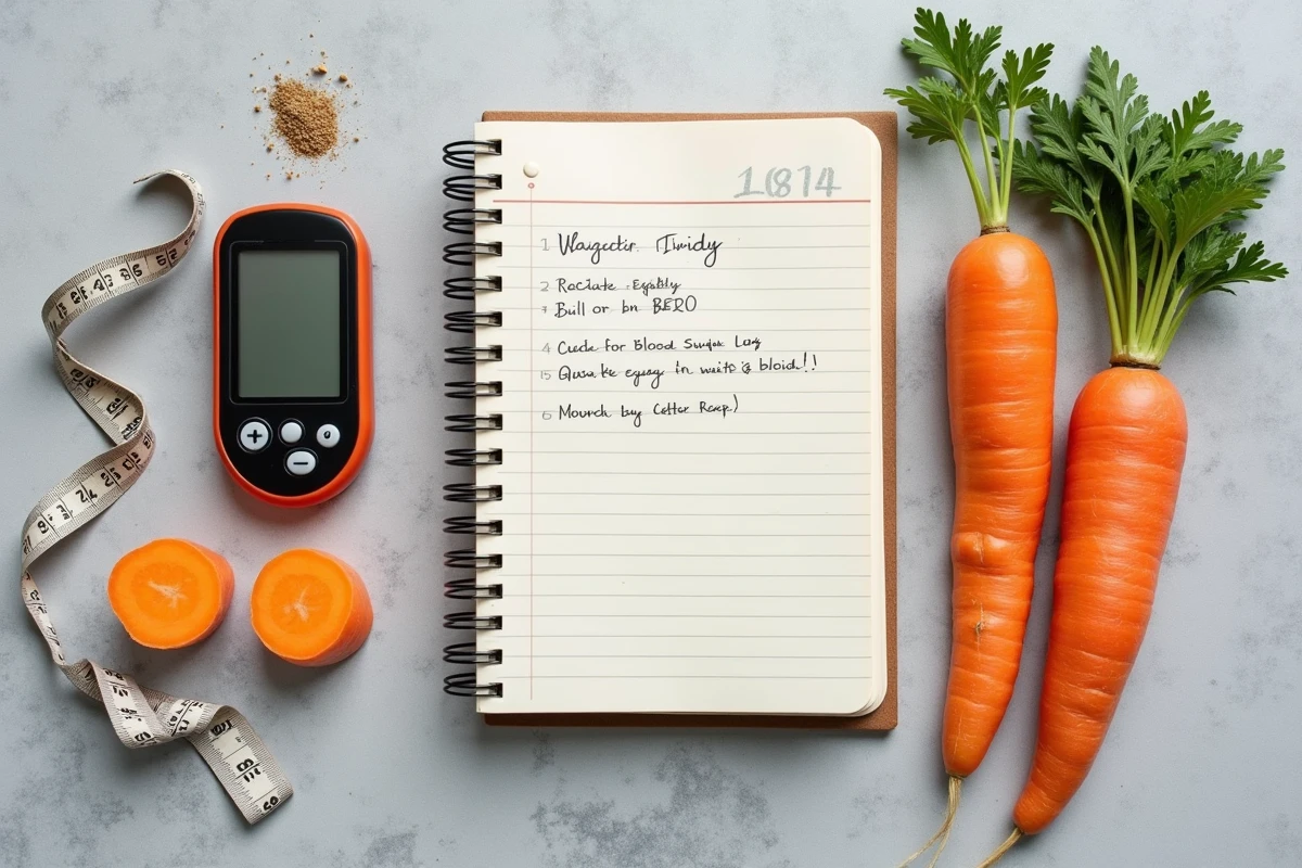 Vue de dessus d'une composition à plat avec des carottes, un glucomètre et un carnet de suivi glycémique sur fond de béton gris