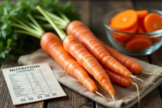 Carottes fraîches entières avec leurs fanes vertes posées sur une table en bois rustique, accompagnées d'une fiche nutritionnelle sur l'index glycémique