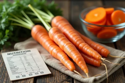 Carottes fraîches entières avec leurs fanes vertes posées sur une table en bois rustique, accompagnées d'une fiche nutritionnelle sur l'index glycémique