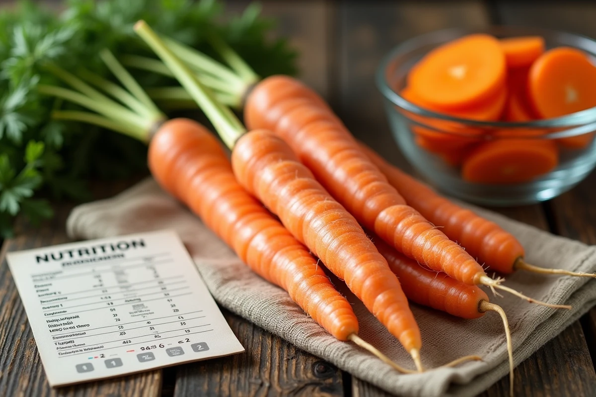 Carottes fraîches entières avec leurs fanes vertes posées sur une table en bois rustique, accompagnées d'une fiche nutritionnelle sur l'index glycémique