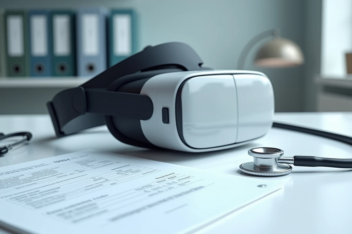 Casque de réalité virtuelle médical posé sur un bureau hospitalier avec un devis de prix et un stéthoscope