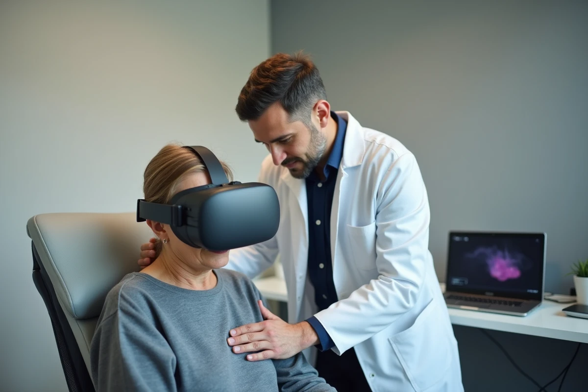 Professionnel de santé aidant un patient à enfiler un casque de réalité virtuelle thérapeutique en cabinet médical