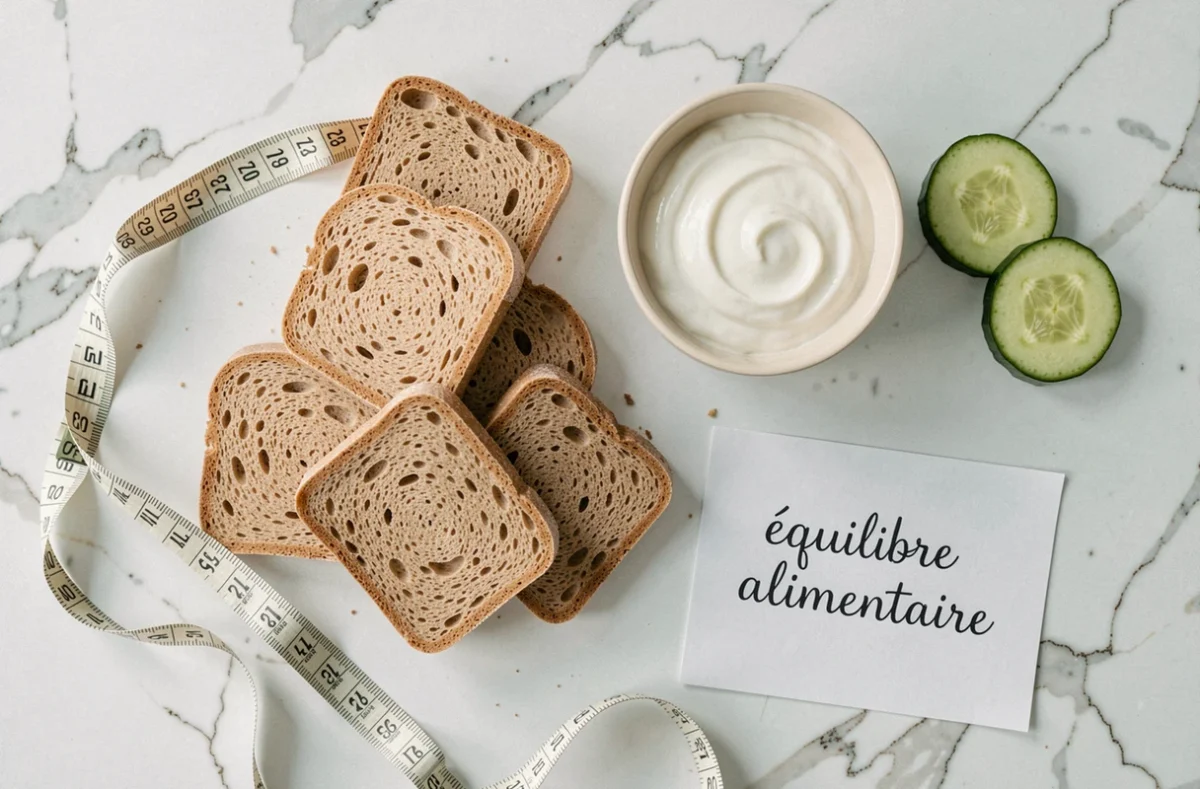 Composition à plat de biscottes, yaourt et légumes frais illustrant un régime minceur équilibré