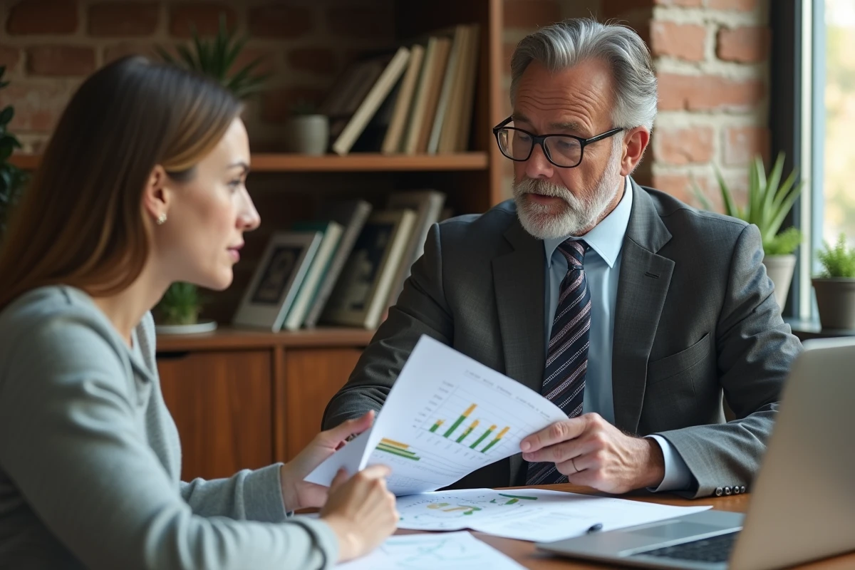 Consultant financier montrant un graphique à une cliente dans un bureau chaleureux