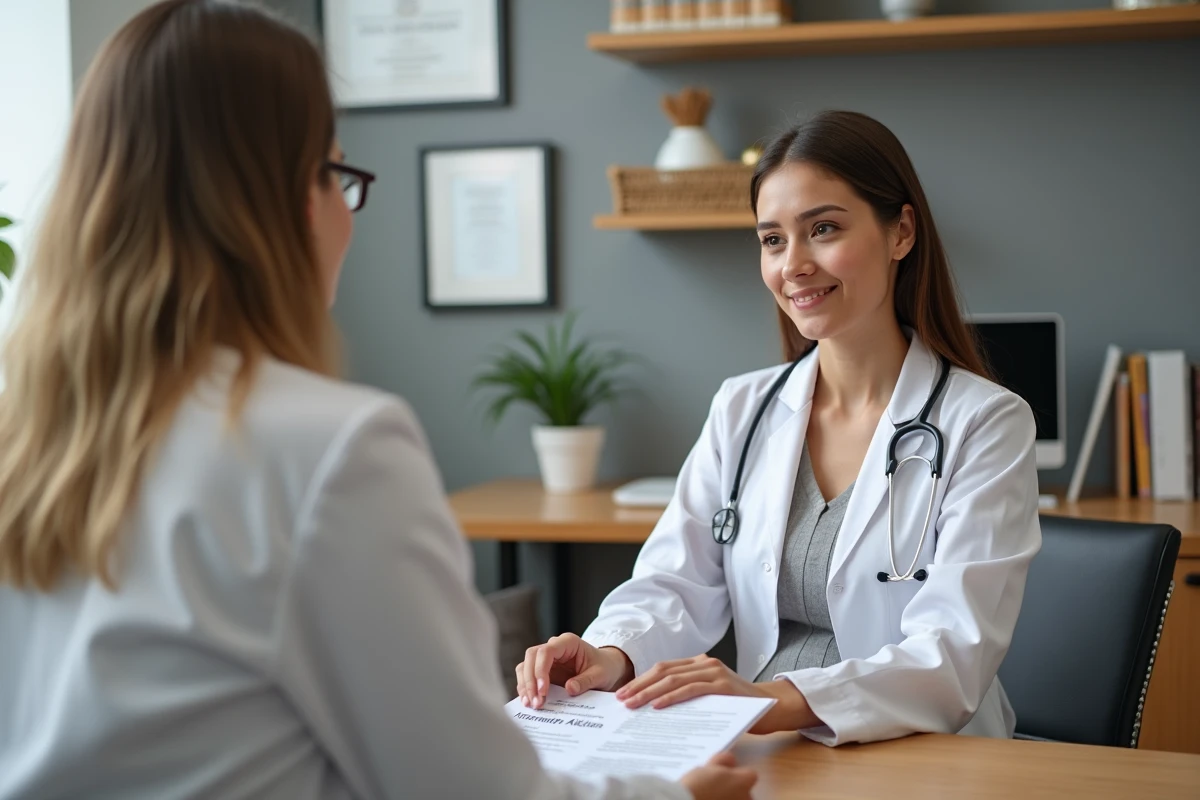 Femme enceinte en consultation médicale pour un œdème de Quincke avec son médecin