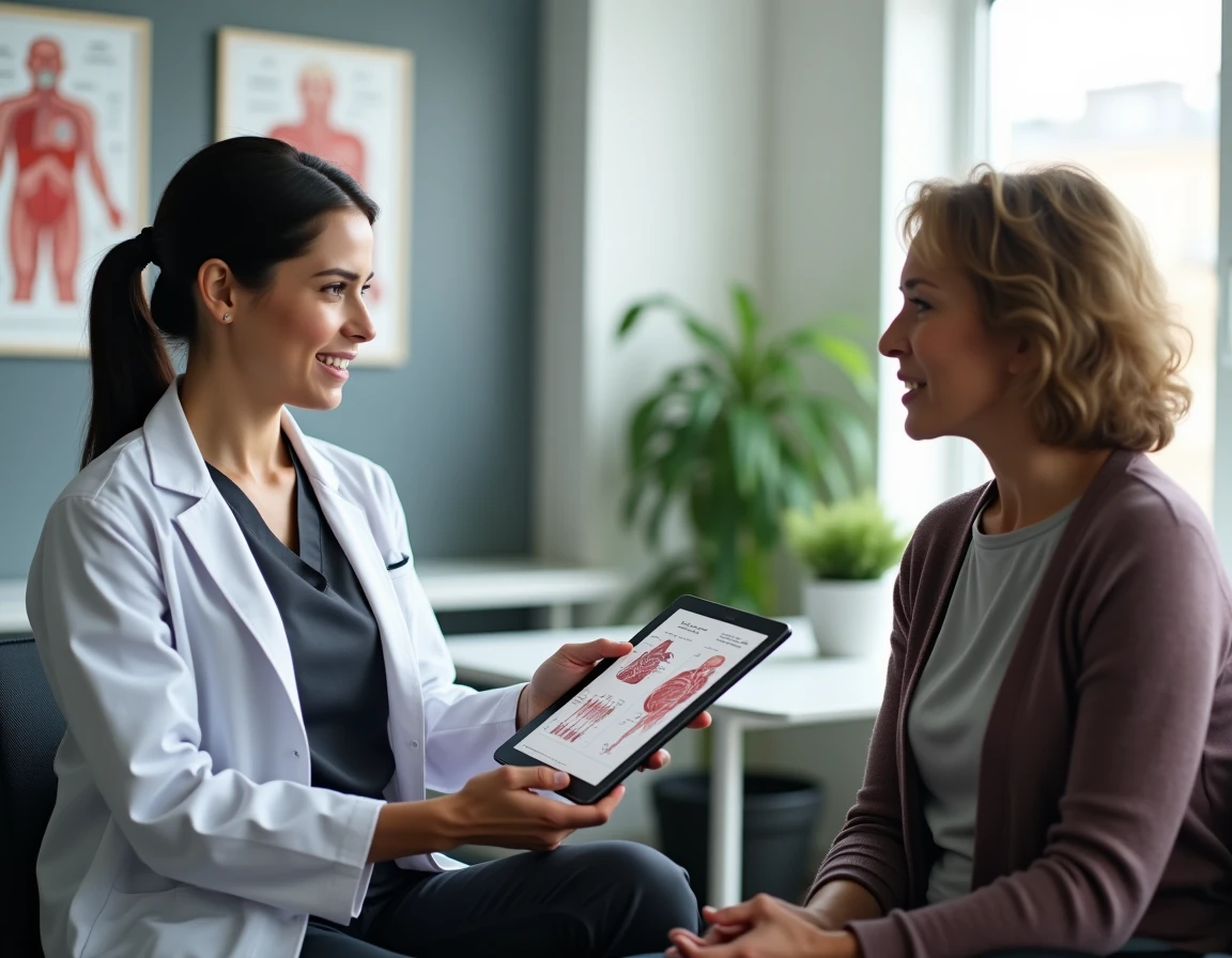 Médecin femme en consultation avec une patiente discutant des symptômes cardiaques atypiques et d'un taux de troponine élevé