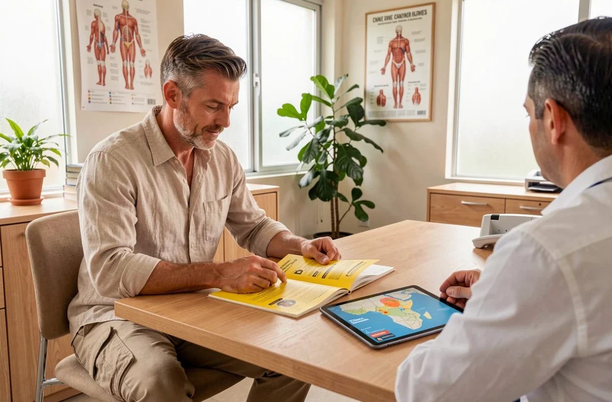 Voyageur discutant avec son médecin des vaccins obligatoires et recommandés avant un départ en Tanzanie, avec un carnet de vaccination jaune ouvert sur la table