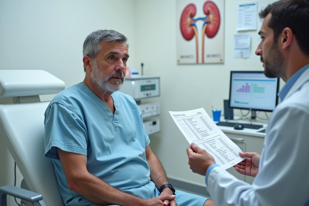 Patient en consultation néphrologique discutant des résultats d'un DFG élevé avec son médecin