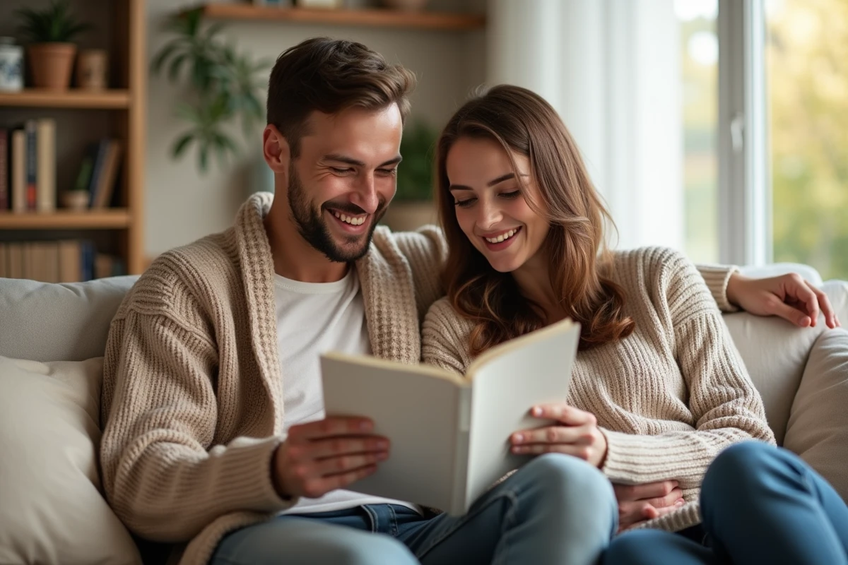 Jeune couple lisant un guide de grossesse à la maison
