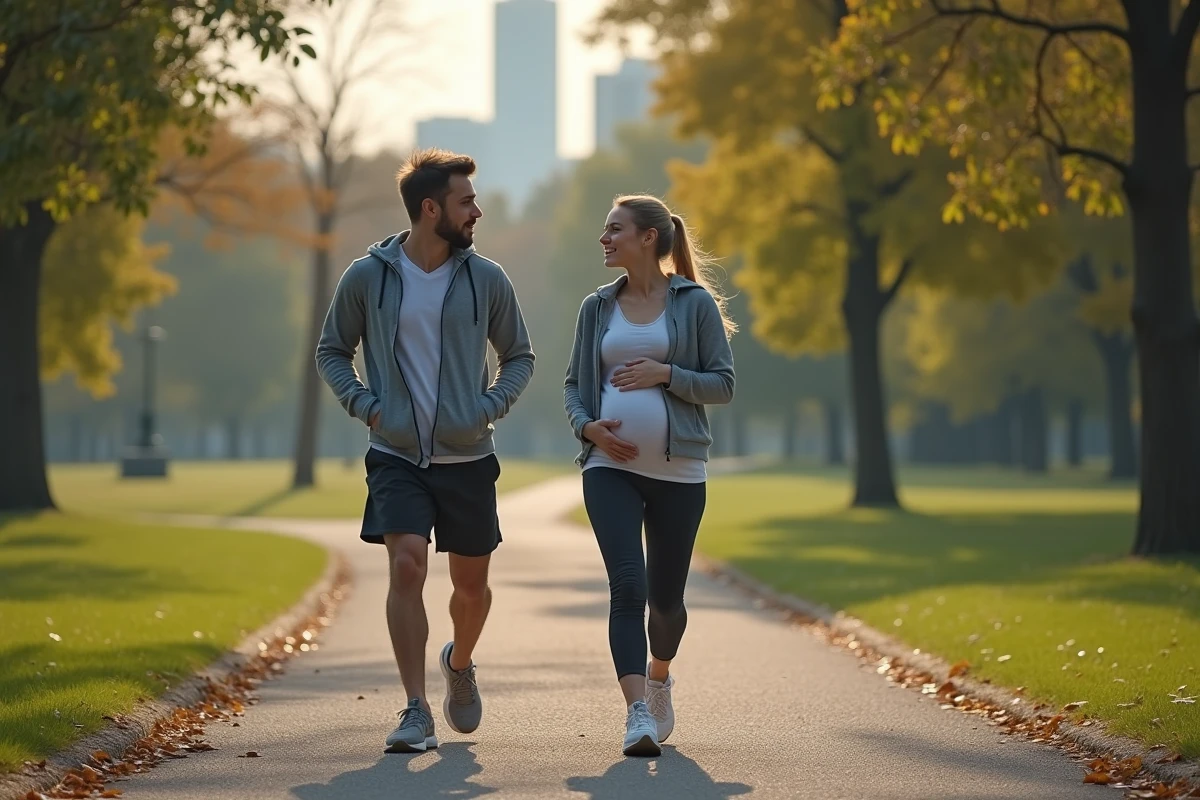 Couple enceinte en promenade dans un parc