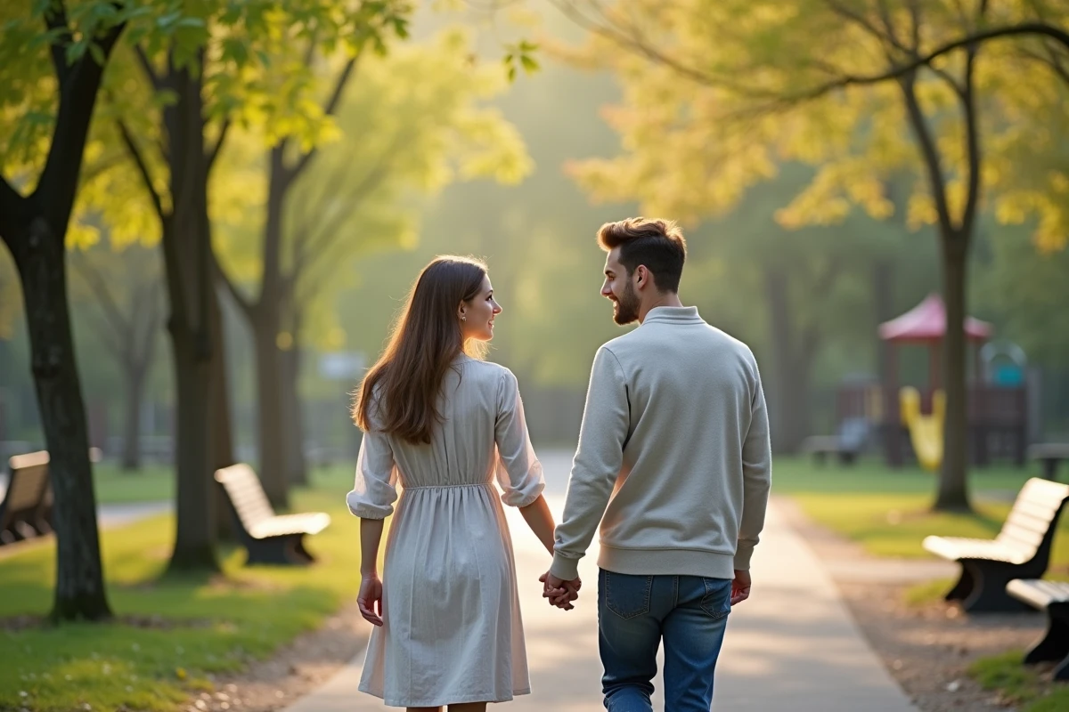 Couple marchant dans un parc en pleine nature