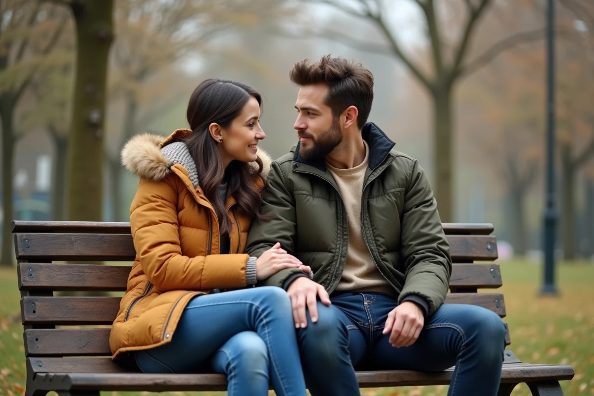 Jeune couple assis sur un banc dans un parc urbain au printemps