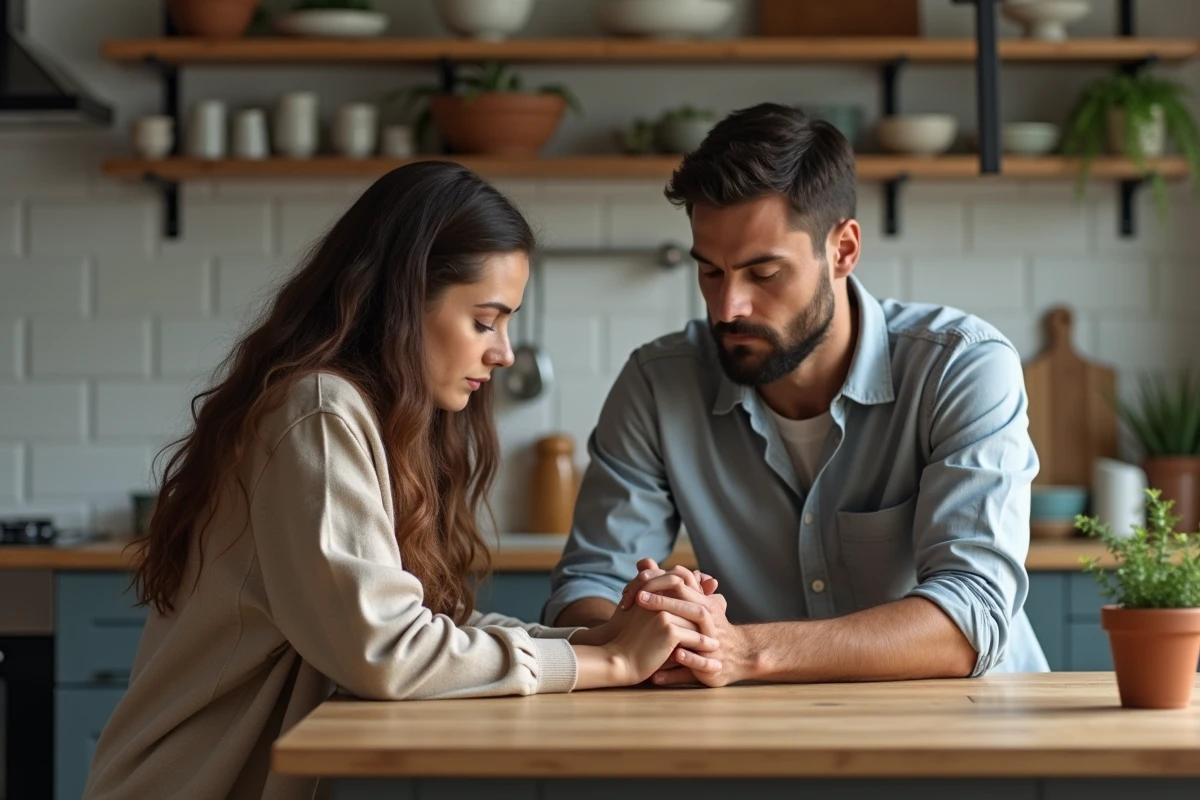 Couple se tenant la main dans la cuisine