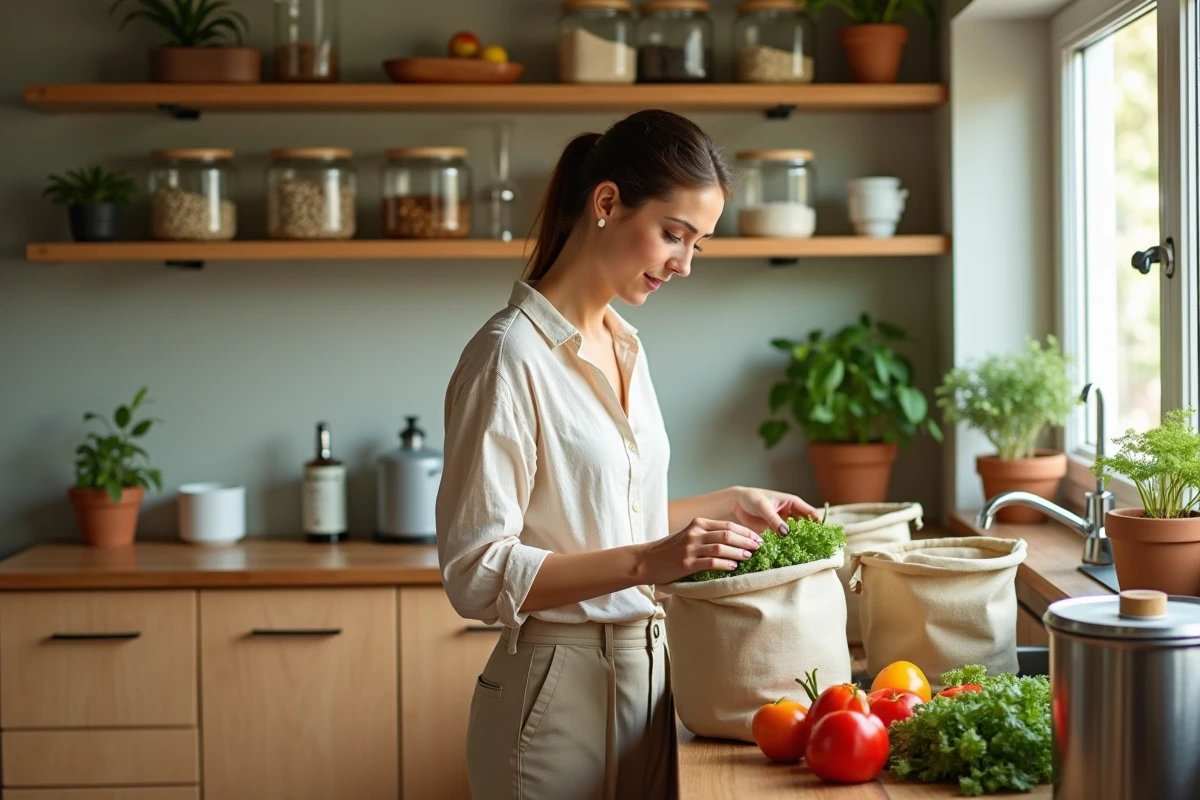 Femme dans une cuisine moderne et écologique triant des légumes frais dans des sacs en tissu réutilisables, illustrant un mode de vie durable et confortable au quotidien