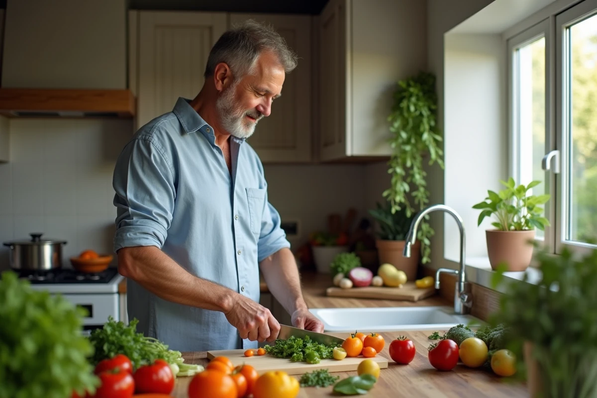 Homme préparant un repas sain dans une cuisine moderne