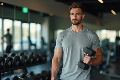 Jeune homme débutant en musculation tenant un haltère léger dans une salle de sport moderne