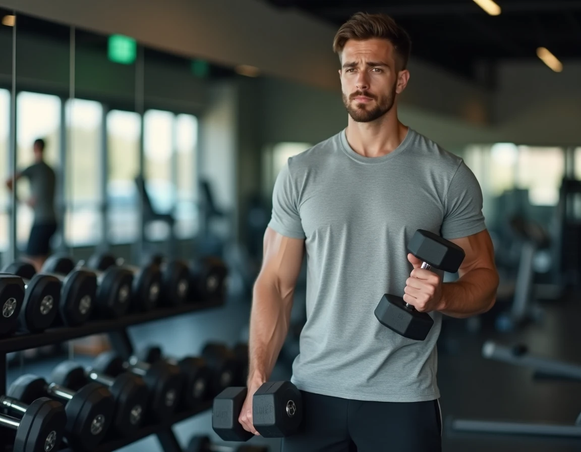 Jeune homme débutant en musculation tenant un haltère léger dans une salle de sport moderne