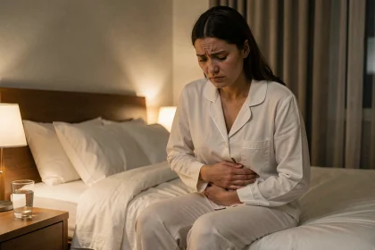 Femme en pyjama assise sur son lit la nuit, exprimant une gêne abdominale et intime discrète