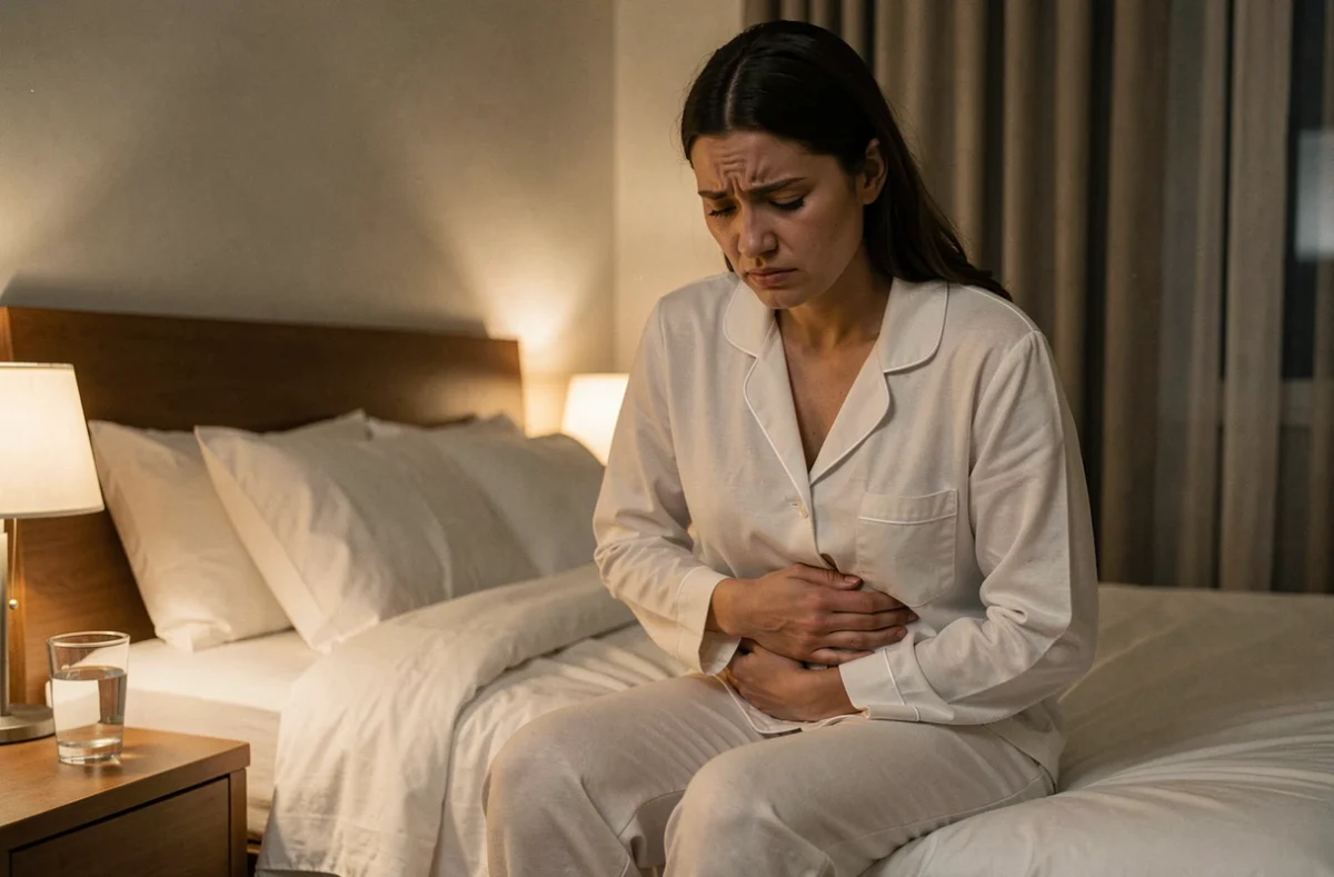 Femme en pyjama assise sur son lit la nuit, exprimant une gêne abdominale et intime discrète