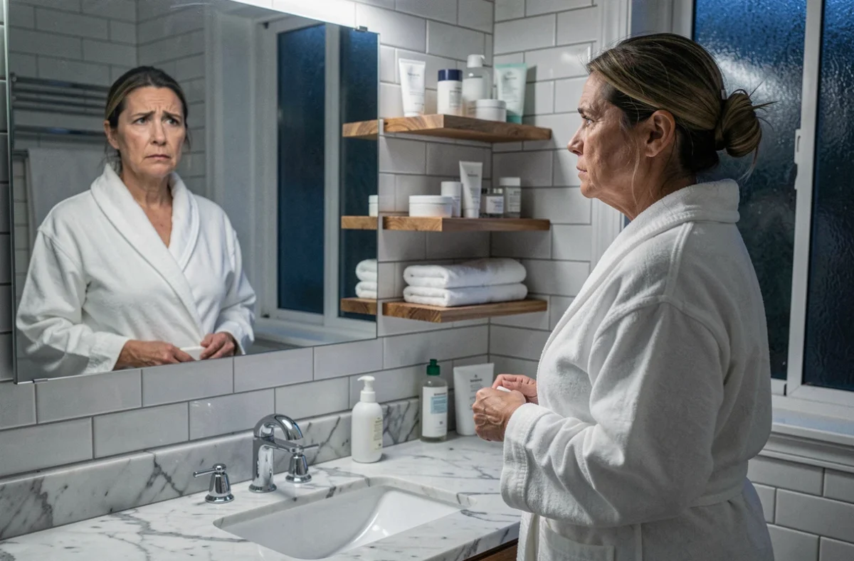 Femme d'âge mûr en robe de chambre blanche devant le miroir de sa salle de bain la nuit, air préoccupé