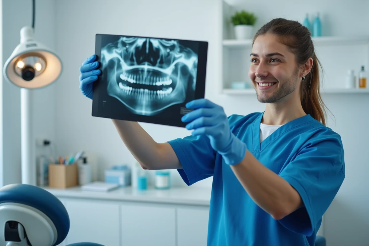 Dentiste professionnel analysant une radiographie dentaire pour évaluer l'extraction d'une dent de sagesse