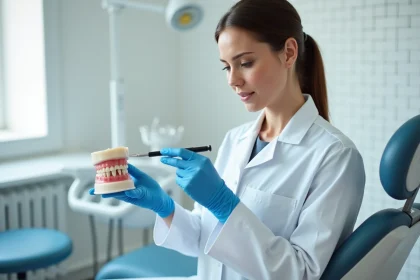 Dentiste expliquant le schéma dentaire et la notation FDI avec un modèle anatomique de dent dans un cabinet dentaire moderne