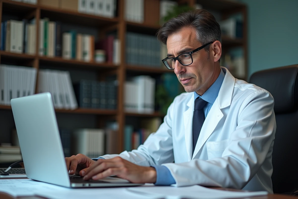 Dermatologue spécialisé consultant un rapport numérique sur le cancer de la peau du nez dans son bureau