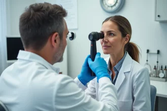 Dermatologue examinant un cancer de la peau sur le nez d'une patiente âgée en cabinet médical