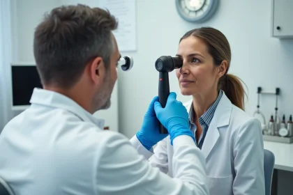Dermatologue examinant un cancer de la peau sur le nez d'une patiente âgée en cabinet médical