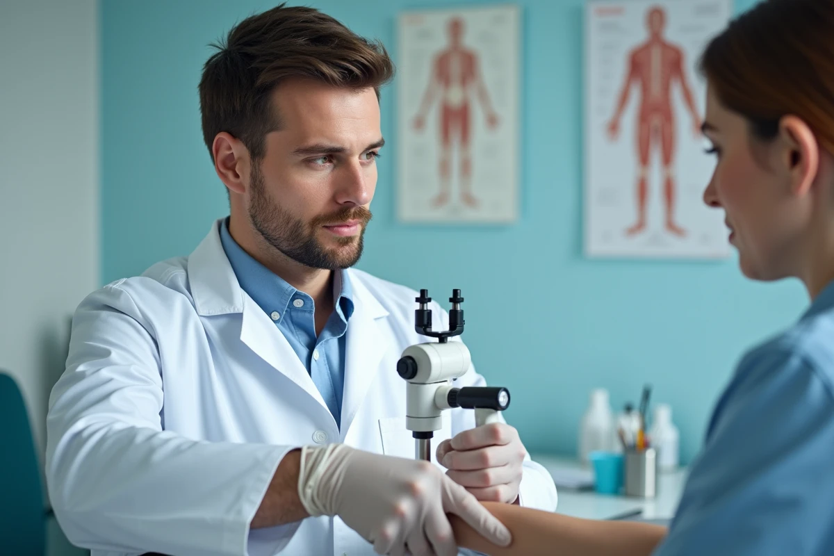 Jeune dermatologue inspectant la peau d’un patient avec dermatoscope