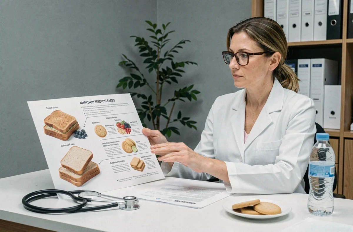 Diététicienne expliquant un plan de régime biscotte lors d'une consultation nutritionnelle professionnelle
